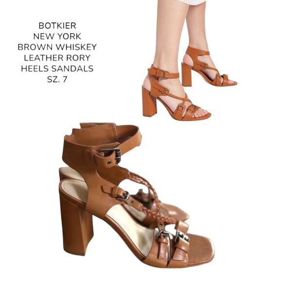 BOTKIER NEW YORK RORY WHISKEY BROWN LEATHER HEELS SANDALS SIZE 7 EUC. - Picture 1 of 8